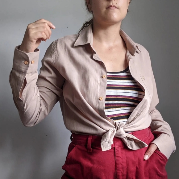 Sturdy cotton button front shirt in camel - Picture 2 of 5